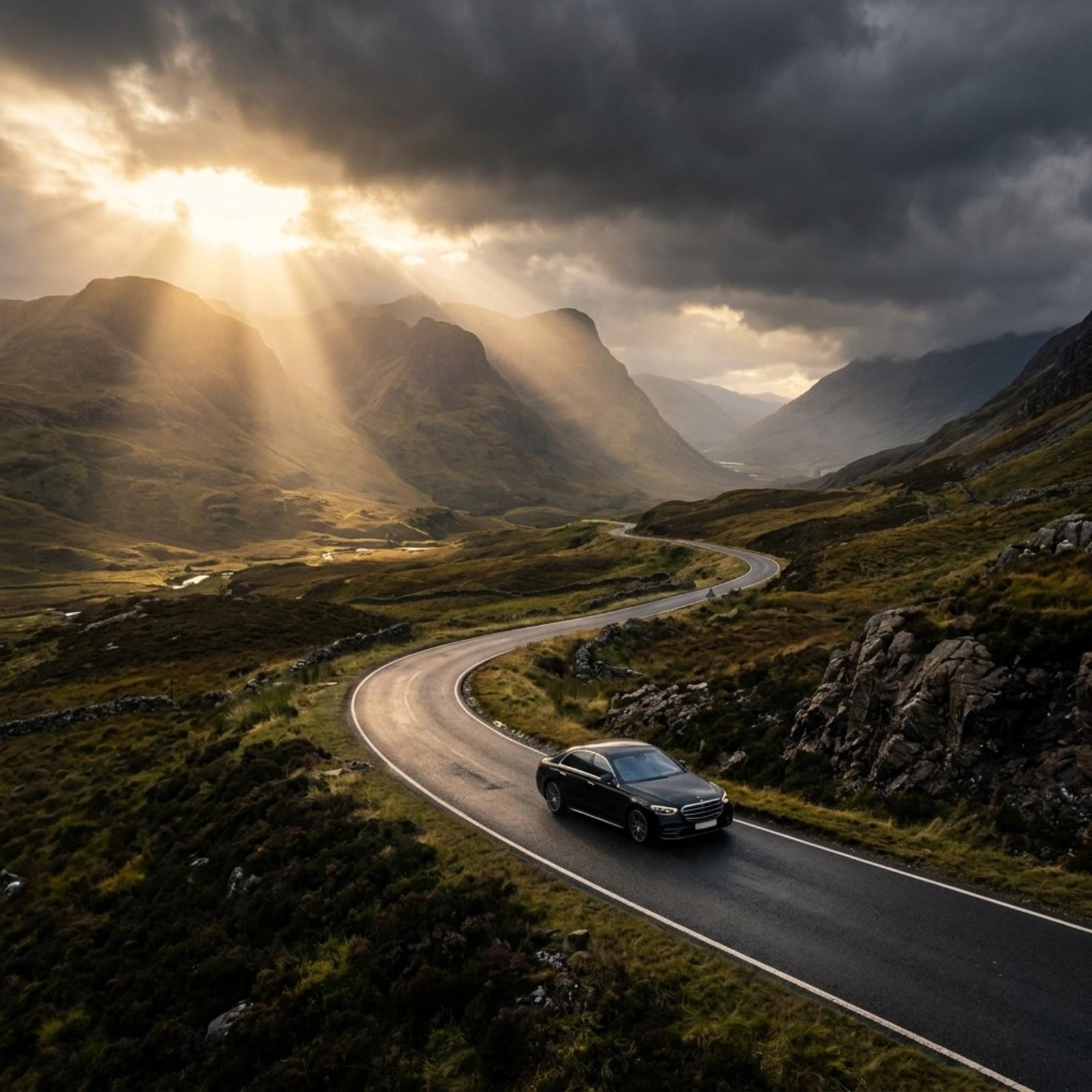 Luxury black executive car driving on dramatic empty Scottish Highland road at golden magic hour, winding road stretching into misty mountains, dramatic god rays piercing through dark storm.